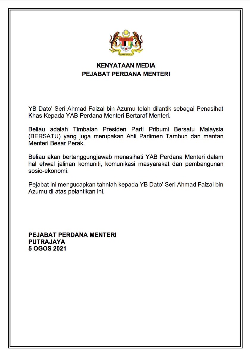 bernamadotcom's tweet photo. Datuk Seri Ahmad Faizal Azumu dilantik sebagai Penasihat PM bertaraf menteri - Pejabat PM https://t.co/exzqroVxtp