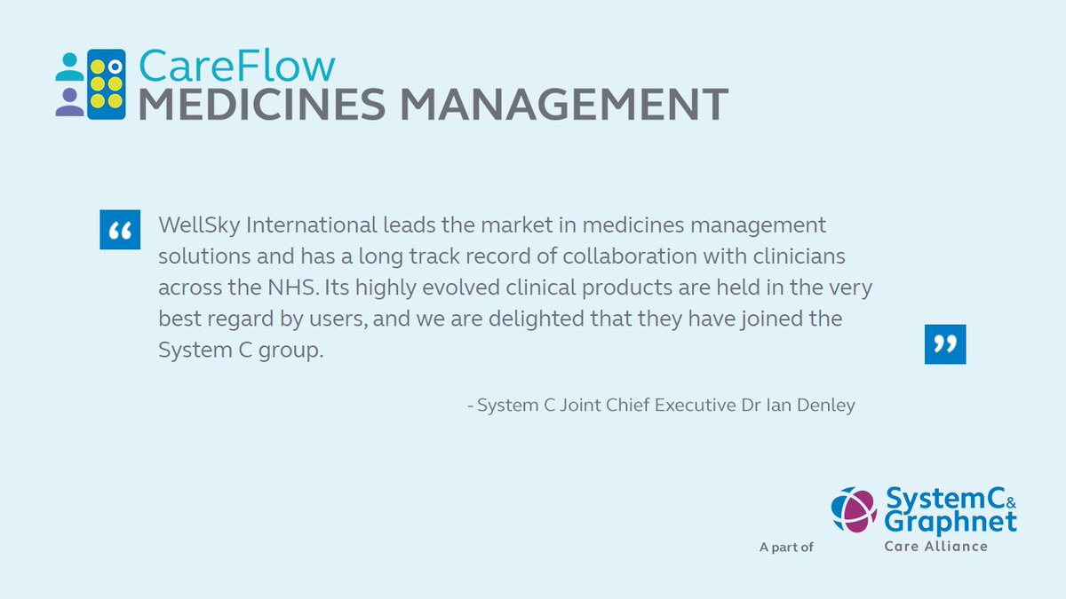 CareFlowMM's tweet photo. "System C is a great cultural fit for us and has the ambition, scale and range of products we need to offer a world class #MedicinesManagement platform as part of an #Integrated #EPR." - @RobertTysallBla Chief Executive, CareFlow Medicines Management: https://t.co/dhEny48PaO https://t.co/r7NbLHfFWH