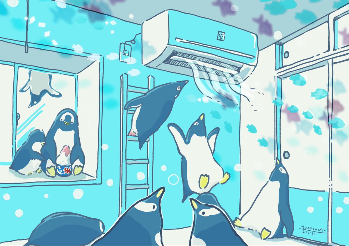 no humans penguin indoors table refrigerator electric fan kitchen  illustration images