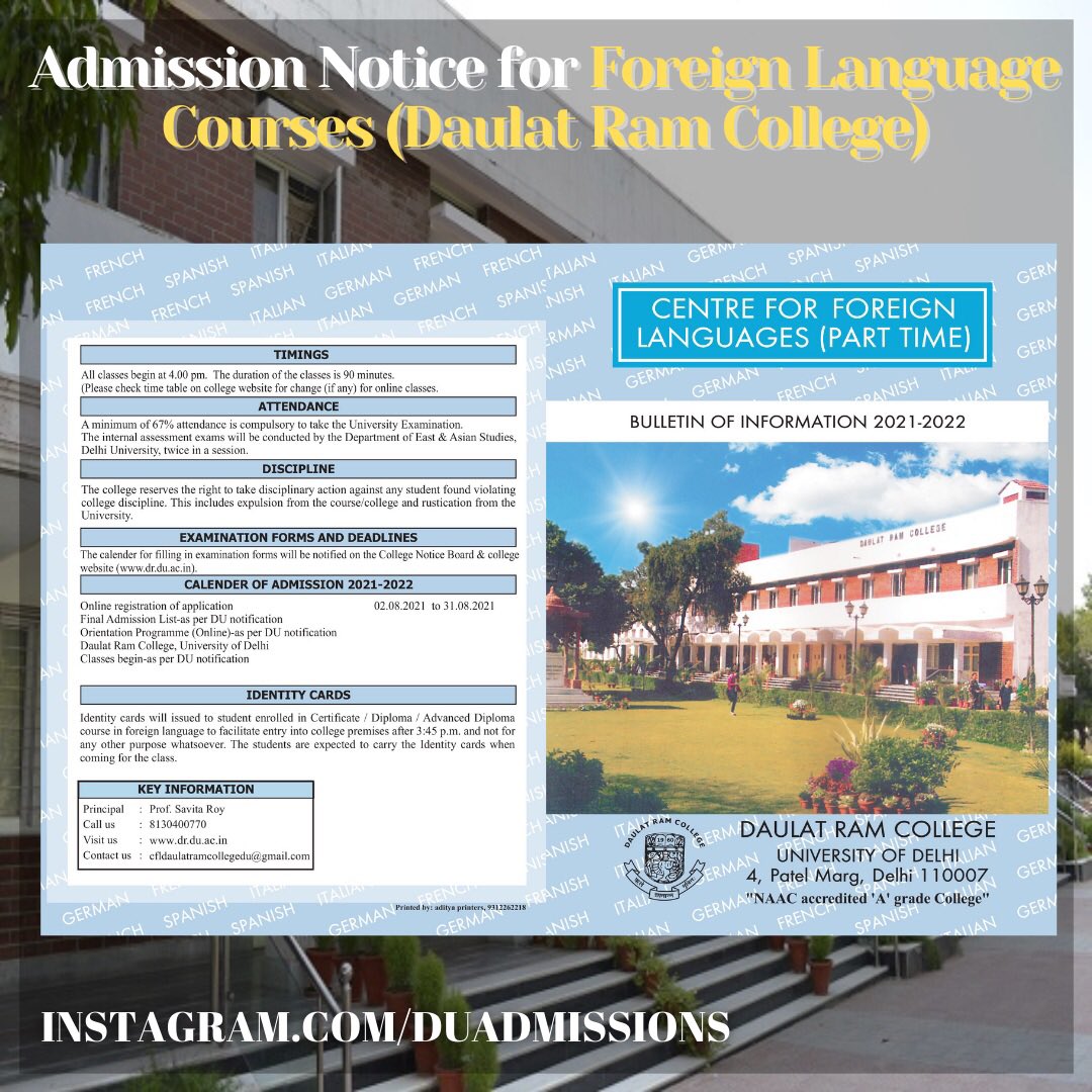 Theduadmissions's tweet photo. ✨Foreign Language Course Admissions 2021 for Daulat Ram College, DU✨
.
. 
Feel free to DM for Queries ✨
.
.
.
.
.
#delhiuniversitydays #delhiuniversitystudentunion #delhiuniversitystudents #delhiuniversityexams #delhiuniversitynews #delhiuniversityphotographyclub #duadmissions https://t.co/zMPfmoNFVw