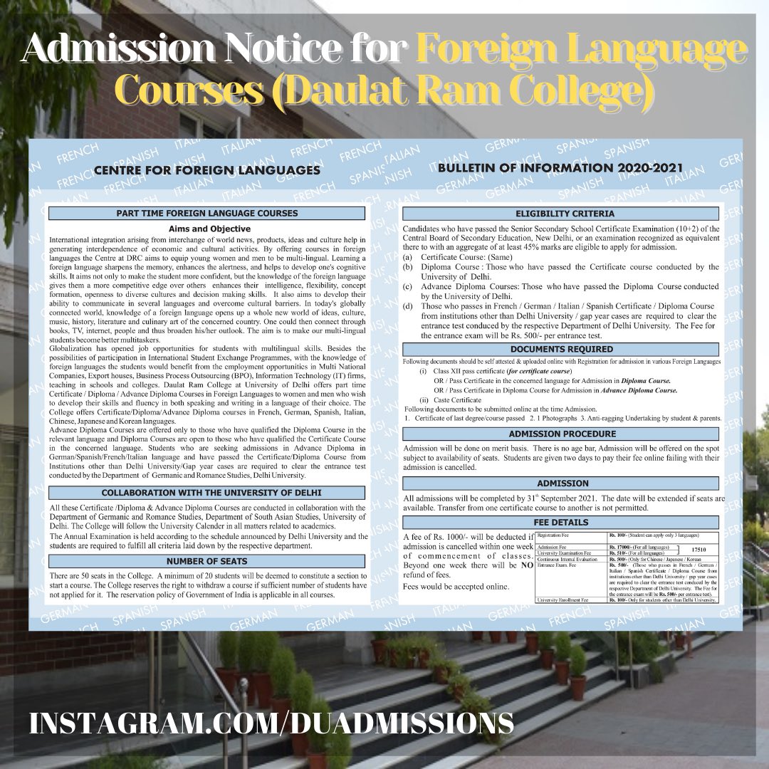 Theduadmissions's tweet photo. ✨Foreign Language Course Admissions 2021 for Daulat Ram College, DU✨
.
. 
Feel free to DM for Queries ✨
.
.
.
.
.
#delhiuniversitydays #delhiuniversitystudentunion #delhiuniversitystudents #delhiuniversityexams #delhiuniversitynews #delhiuniversityphotographyclub #duadmissions https://t.co/zMPfmoNFVw