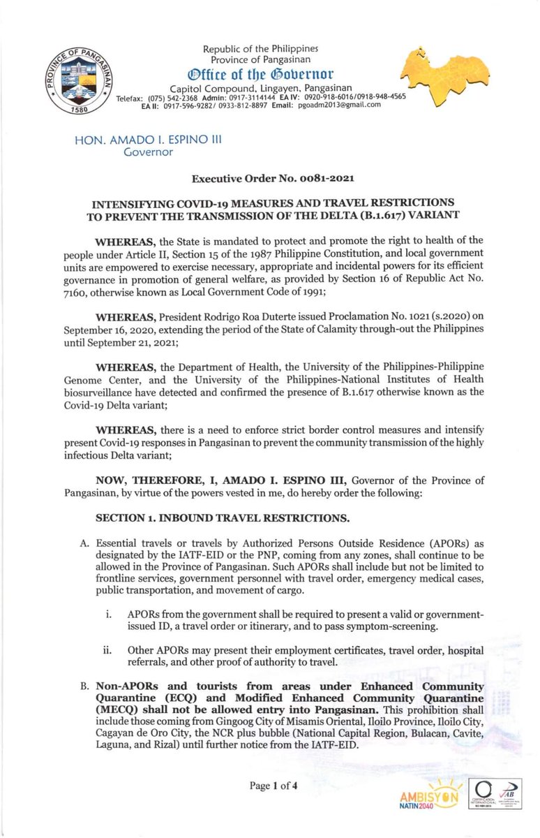 Eva Visperas on X: Pangasinan Gov. Amado Espino III has issued an  executive order intensifying COVID-19 measures and travel restrictions to  prevent the transmission of the Delta variant. @PhilippineStar  t.coN7z067PDg3  X