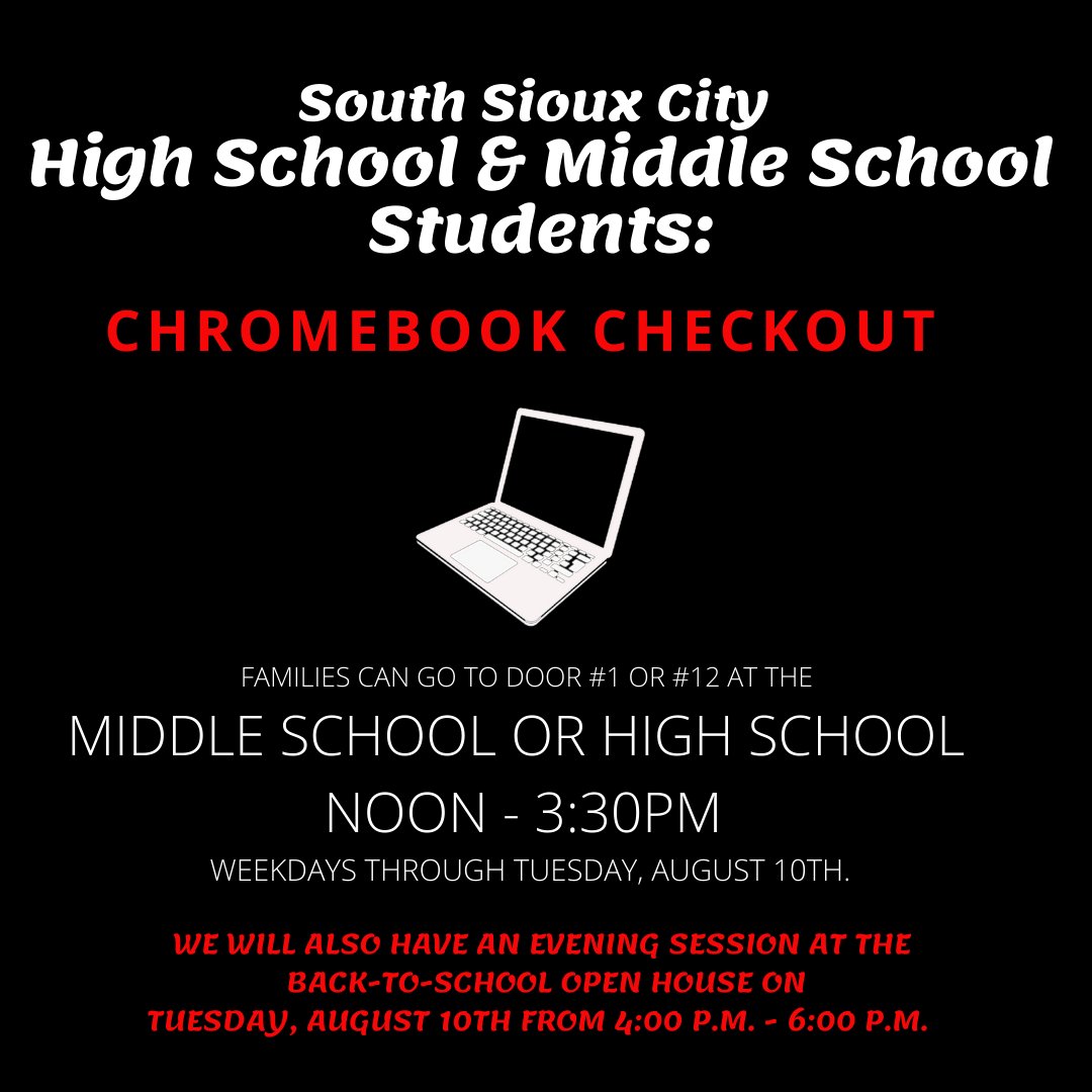 SSCcardinalNews's tweet photo. The middle school and high school have extended the time period to check out Chromebooks and update student registration information.  Noon - 3:30pm on weekdays until Tuesday, August 10th.  #GoCards #CardPride https://t.co/otCrBSkhVu