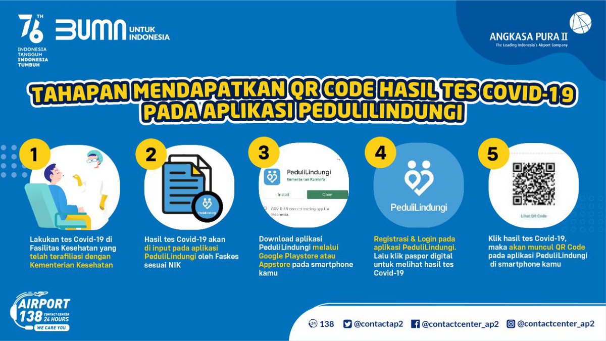 Bagi #AP2friends yg dari kemarin nanyain gimana cara mendapatkan qr code pada aplikasi PeduliLindungi, nih #SiSi kasih tau tahapannya, simak di infografis berikut ini yahhh 😉

#ContactCenter138