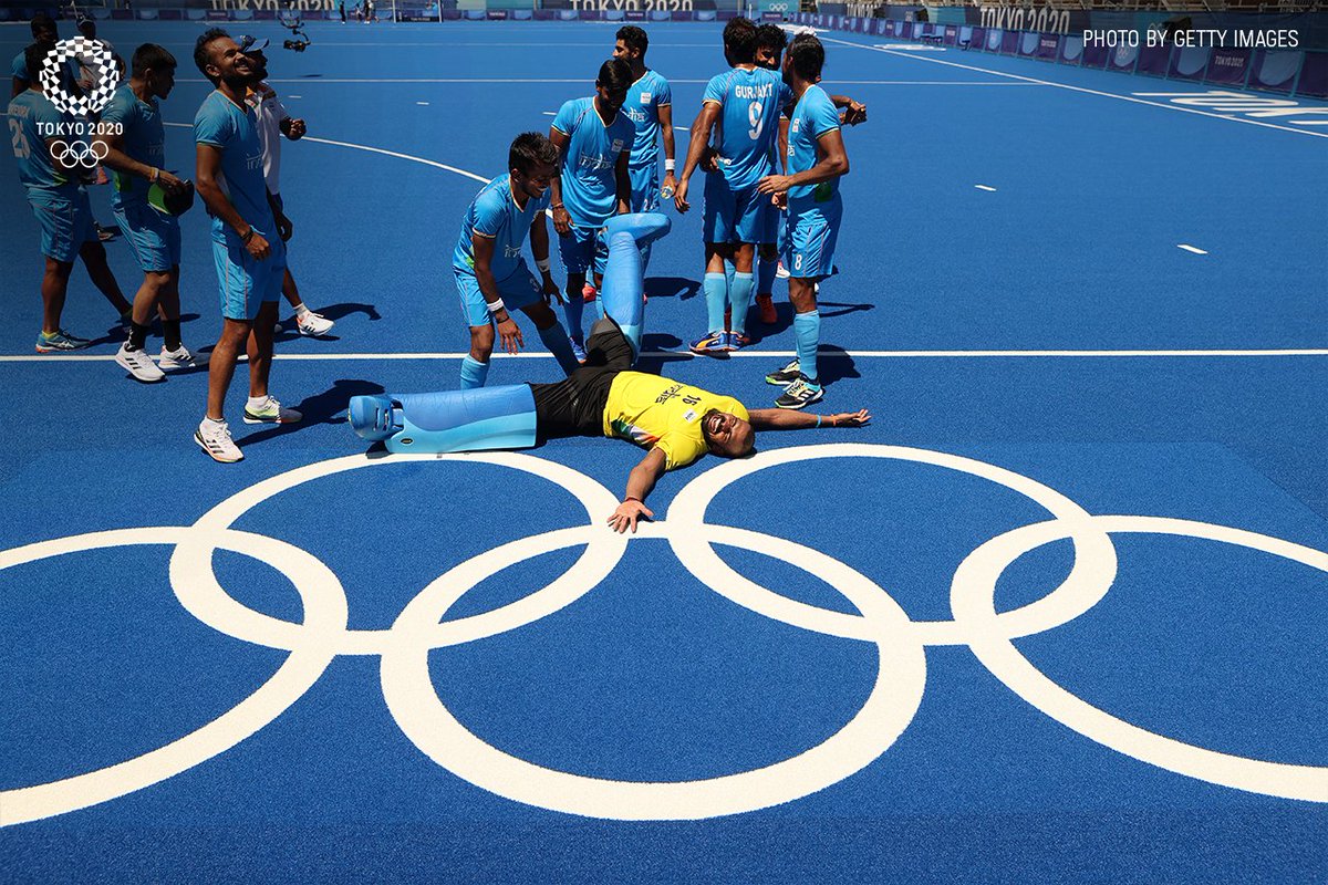 OlympicKhel's tweet photo. Just @16Sreejesh in his element after #IND's historic win! 😂 💯

#StrongerTogether | #UnitedByEmotion | #Tokyo2020 | #Olympics | #Hockey | #Bronze https://t.co/aUM8ccNAra