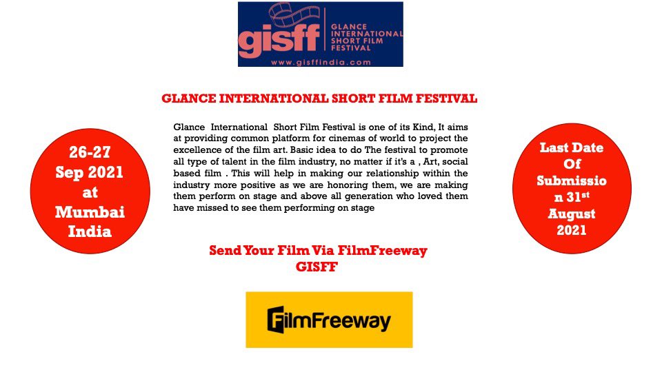 And all of the years that people have asked me to do things for the film festival, I couldn't. And so this year, I thought, "Oh, my god, I don't have a day 

Lasr Deadline 31 Aug-2021 Glance International Short Film Festival is accepting submissions   filmfreeway.com/GLANCEINTERNAT…