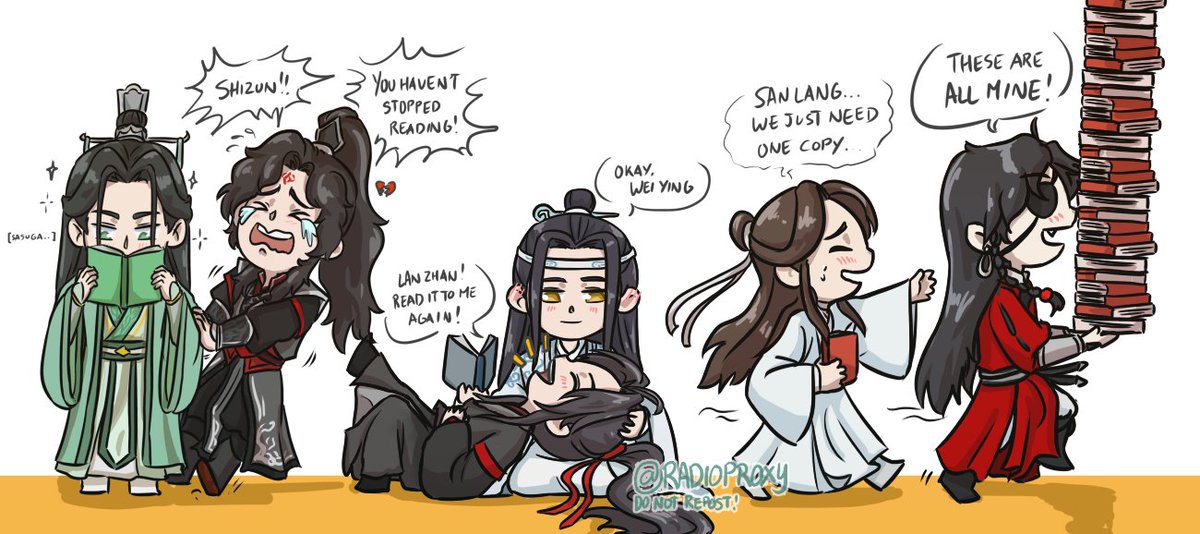 radioproxy's tweet photo. [CONGRATULATIONS CONGRATULATIONS CONGRATULATIONS! Important things must be said three times!] 
It was a very good day for us all! Congrats to us for getting official EN TL for all three MXTX novels! 💗💗💗Nobody got left behind! #svsss #mdzs #tgcf https://t.co/NSQCKQdz8R