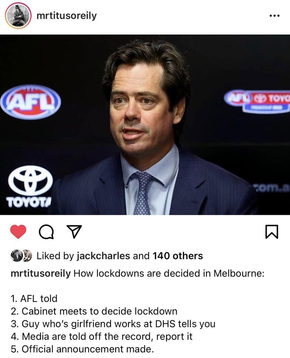 What a joke if we go into lockdown again. How accurate is this post. All about the AFL first. So frustrated. So ridiculous. A better solution is required. #nolockdown <a href="/VicGovAu/">Victorian Government</a>