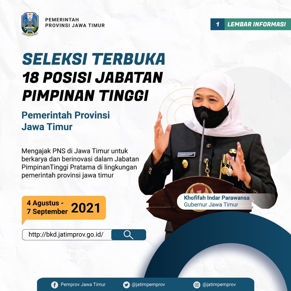 JatimPemprov's tweet photo. Pengumuman Seleksi Terbuka Pengisian Jabatan Pimpinan Tinggi Pratama di Lingkungan Pemerintah Provinsi Jawa Timur
https://t.co/IPE8HlHhD4
@KhofifahIP @EmilDardak @bkdjatim https://t.co/yneQnvzZIO