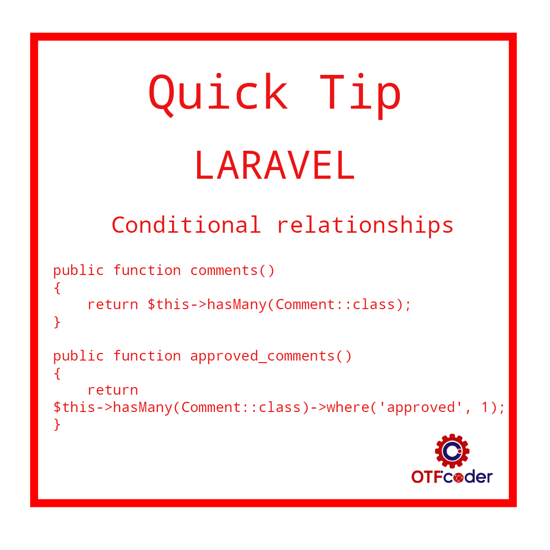 OTFCoder's tweet photo. #Laravel Tip for the Day.
Conditional relationship
Follow us on Facebook, Instagram, LinkedIn, Pinterest, Tumblr, And Twitter for more Tips and Updates.
.
.
.
.
.
#laraveldevelopers #laraveltips #programming #programmer #developer #tips #webdevelopmentcompany #coding #otfcoder https://t.co/cc2Ok4Mzvh