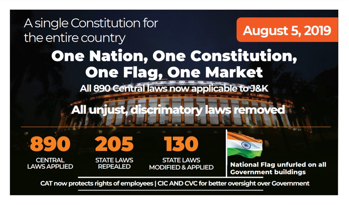 #August5 brought end to the era of injustice, inequity. All draconian laws removed. Idea of One India realised. All 890 Central Laws now applicable to #NayaJammuKashmir #KashmirForTiranga #Article370Abrogation