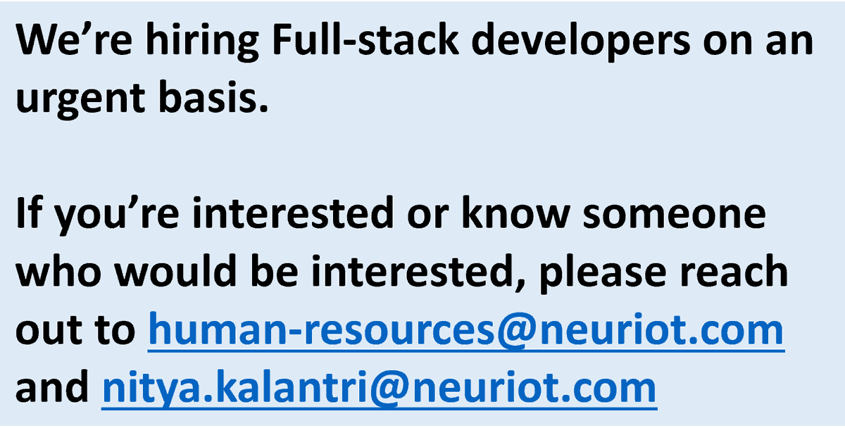 santhukral's tweet photo. We're hiring Full-stack Developers on an urgent basis. If interested, please reach out to human-resources@neuriot.com and nitya.kalantri@neuriot.com. https://t.co/Yh8ajSvbfj