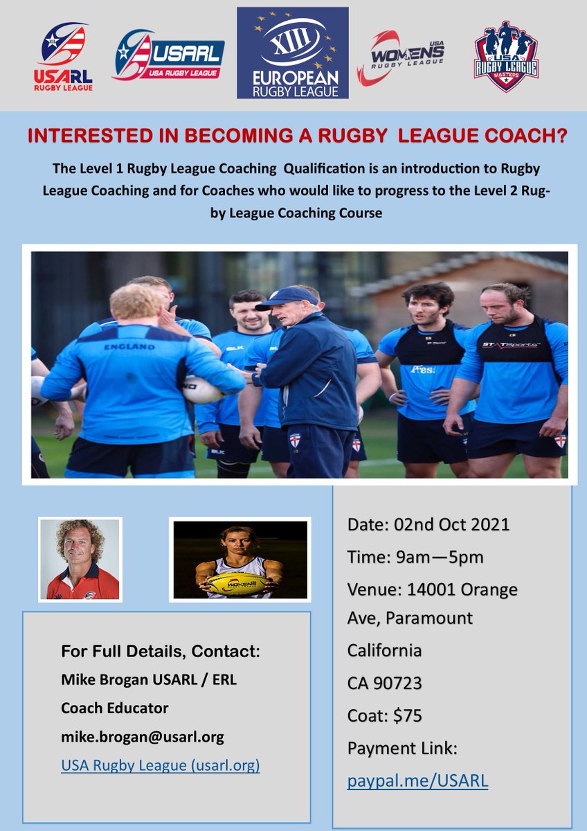 Mikebrogan18's tweet photo. @USARugbyLeague Date set for the first California Level 1 Rugby League Coaching Course, 2nd Oct 2021, sign up by going to https://t.co/3bHXNRgNZO and use the link,  send your contact details to Mike Brogan at mike.brogan@usarl.org or Ady Cooney at adycooney@lamongrel.com lets https://t.co/5NMiyhJdL5