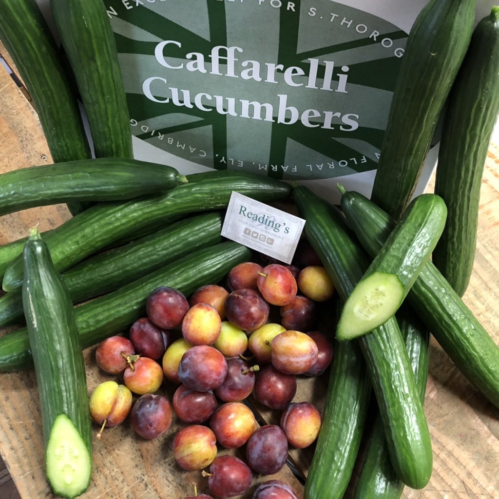 Plastic free Cambridgeshire cucumbers from Mr Caffarelli 🥒🥒🥒 and our first batch of English plums are now available online and from the shop 😊
