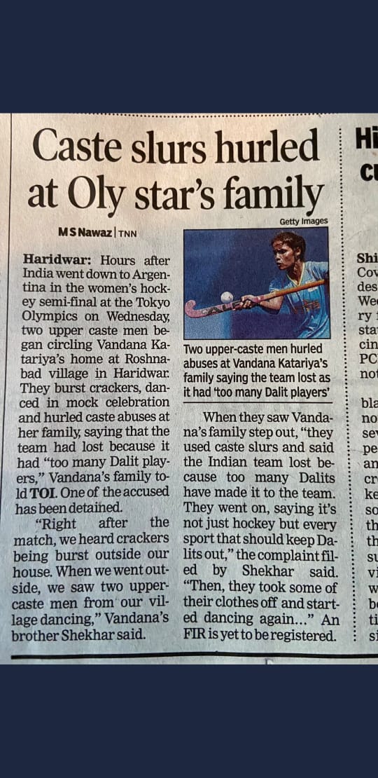 Two upper-caste men hurled abuses at Vandana Katariya's family, and said the team lost because it had "too many Dalit players".

Vandana Katariya is India's first woman to score a hat-trick at Olympics.