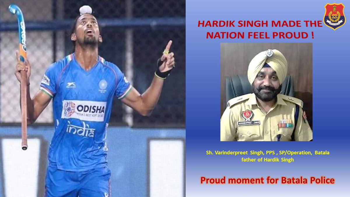 BatalaPolice's tweet photo. Congrats to Hardik Singh s/o Sh. Varinderpreet Singh, PPS, SP/Operation, Batala  and team India hockey for winning the Olympic medal after 41 years. It’s a proud moment for Batala Police, Punjab Police and whole Nation.
@PunjabPoliceInd 
#Olympic 
#batalapolice
#TeamIndiahockey https://t.co/hdlvuz1o6f