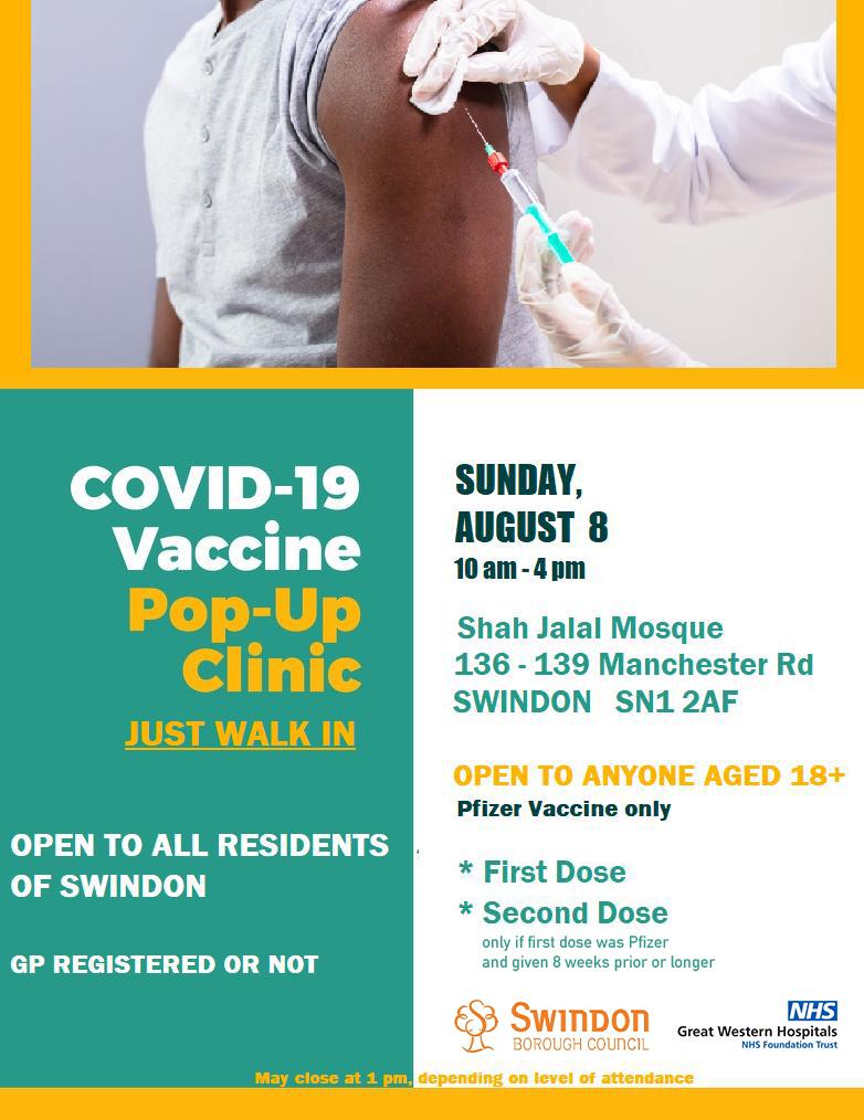 wiltshire_women's tweet image. There will be a COVID-19 vaccine pop up clinic open to all residents of Swindon on 8th of August 2021. Come and get vaccinated as we reduce the risk of more infections. For more, please contact 01793939291. #Covid19Awareness #vaccinationiskey #VaccinateToday #togetherwecan #WWEP