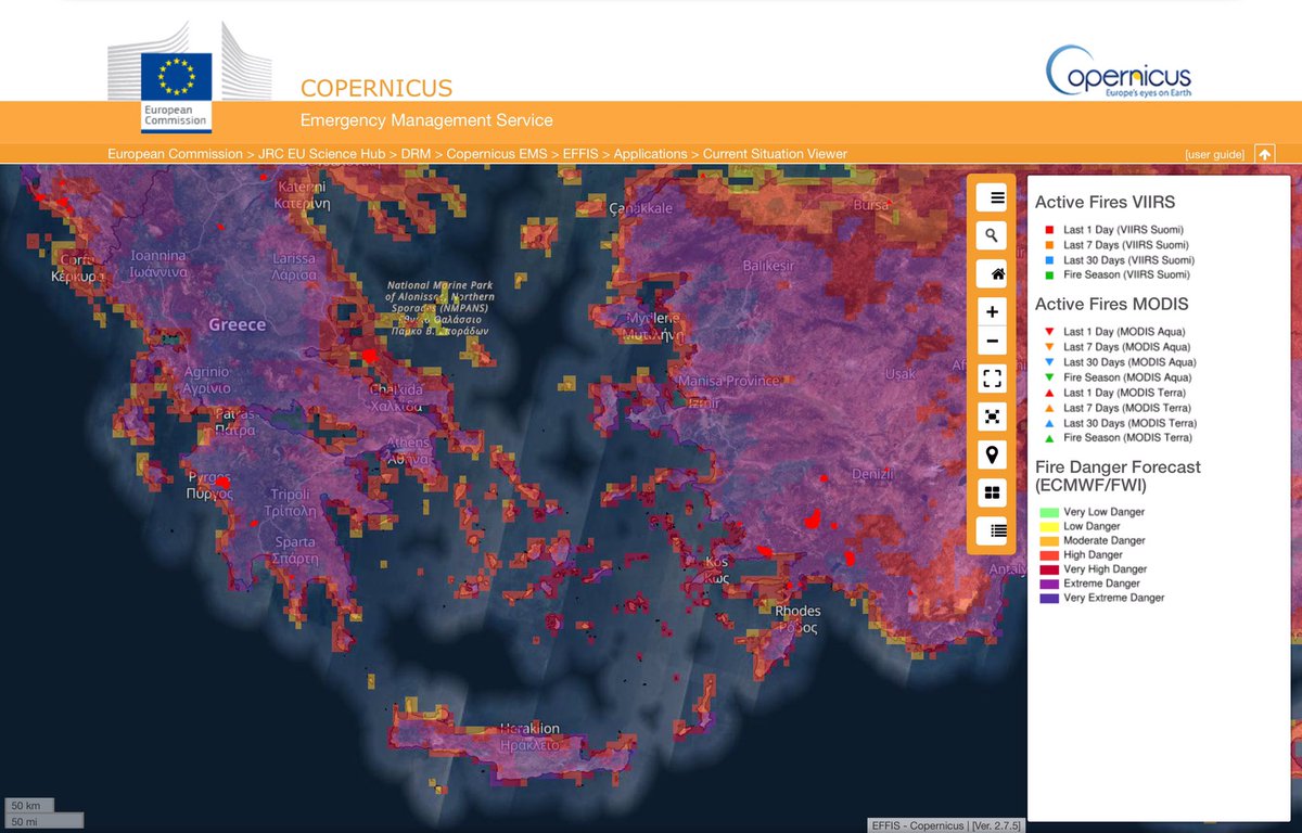 CopernicusEMS's tweet photo. Another tough day ahead for firefighters &amp; citizens in Greece 🇬🇷 and Turkey 🇹🇷

Our #EFFIS Fire Danger Forecast for today foresees "very extreme" &amp; "extreme" conditions in many areas

Our thoughts are with those affected, with first responders and with #EUCivPro 🇪🇸 🇭🇷 air crews https://t.co/ChmsNCsSvl