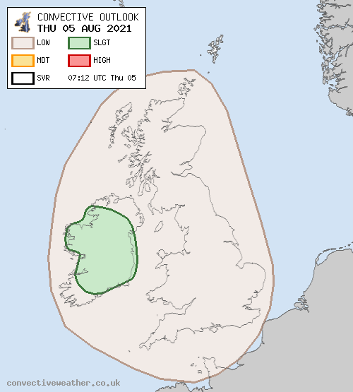 THU 05 AUG 2021 convectiveweather.co.uk/forecast.php?d… Ireland is the main focus, but also a small risk late afternoon/early evening in Wales/SW England. Other small risks evening/overnight in E Midlands/eastern England/North Sea/E Scotland, and also Irish Sea and adjacent coasts