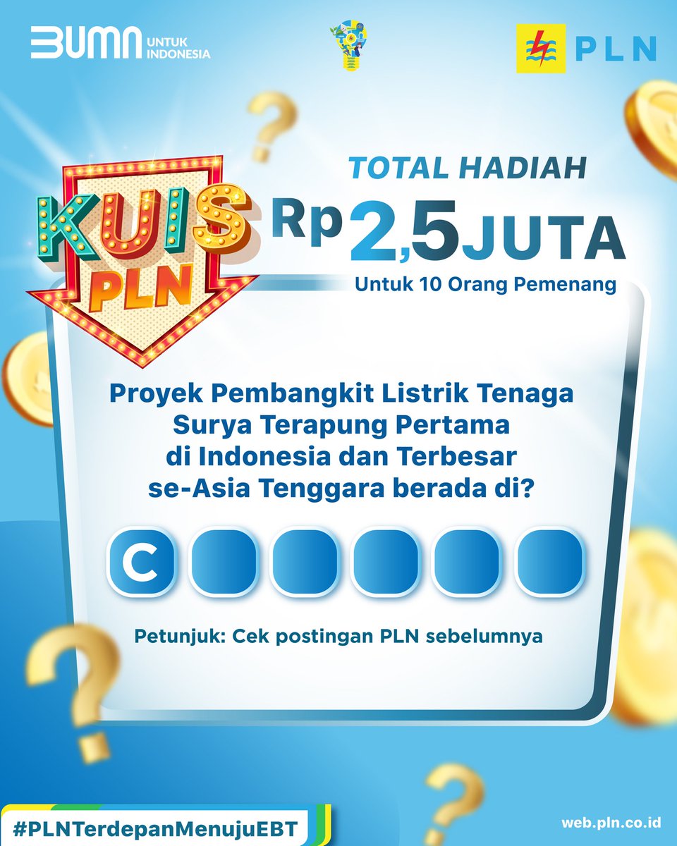 _pln_id's tweet photo. YUK ikut nge-kuis bareng #KuisPLN Tinggal like, rt, dan jawab pertanyaannya di kolom komentar dengan menyertakan hastag #PLNTerdepanMenujuEBT dan tag 5 orang temanmu buat ikut keseruannya.

Ada hadiah Rp 2.5 Juta untuk 10 orang pemenang yang beruntung.
#KuisPLN #PLN #PLTSTerapung https://t.co/AgsxrjtJTX