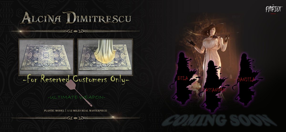 PatriotStudio1's tweet photo. Patriot Studio 1/12 Alcina Dimitrescu Figure PAAD008

 Started pre-order now!

You will get the carpet and Fly Swatter if you reserved now!

Visit our FB page: Patriot Studio to check more details.

#alcinadimitrescu  #LadyDimitrescu #ResidentEvilVillage https://t.co/ur3QKKJvQV