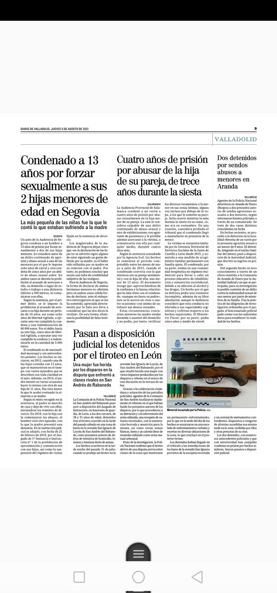 En esta página del periódico de hoy hay cinco niños abusados sexualmente. En Segovia, Salamanca y Aranda. Los cinco por personas que están dentro de su familia. Asusta.