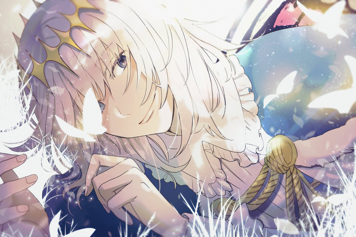 oberon (fate) 1boy bug male focus butterfly blue eyes smile crown  illustration images