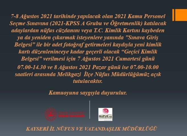 Sınava girecek adaylarımıza başarılar dileriz. 
<a href="/TCNufus/">Nüfus ve Vatandaşlık İşleri Genel Müdürlüğü</a>
<a href="/kayserivaliligi/">T.C.Kayseri Valiliği</a>
<a href="/SehmusGunaydin/">Şehmus Günaydın</a>
<a href="/sefikaygol/">Şefik AYGÖL</a> 
<a href="/Bekirsenturk03/">Bekir Şentürk</a>
#HayatınızınHerAnında
#İyikiNüfusçuyuz