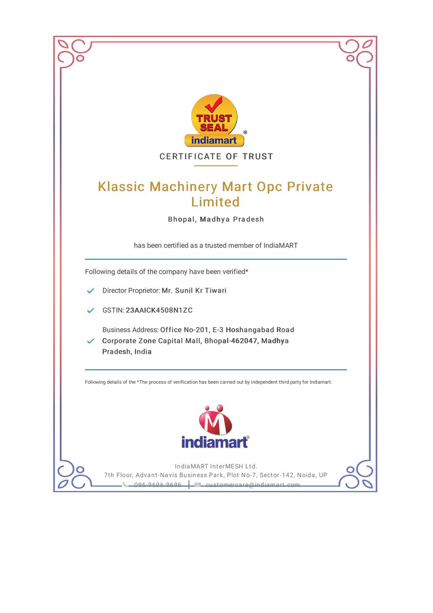 KlassicMachines's tweet photo. We are thrilled to announce that klassic machinery mart (OPC) pvt. Ltd. Has been trust certified from India's biggest digital marketing platform @IndiaMART
@startupindia
#machinemanufacture #MadhyaPradesh #bhopal #employmentopportunities #TrustCertificate https://t.co/30S2wOAzOf