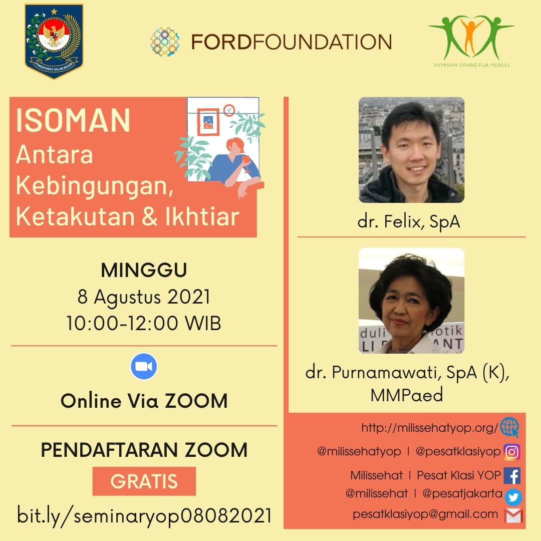 Yuk ikut webinar hari Minggu besok..

Kita kupas tuntas semua hal tentang isoman. 

Kalau Anda, keluarga &amp; lingkungan Anda tidak ada yg positif Covid-19, tetep ikut juga ga. Supaya kita semua tahu protokol yg tepat dalam menangani pandemi ini. 

Klik bit.ly/seminaryop0808… ya