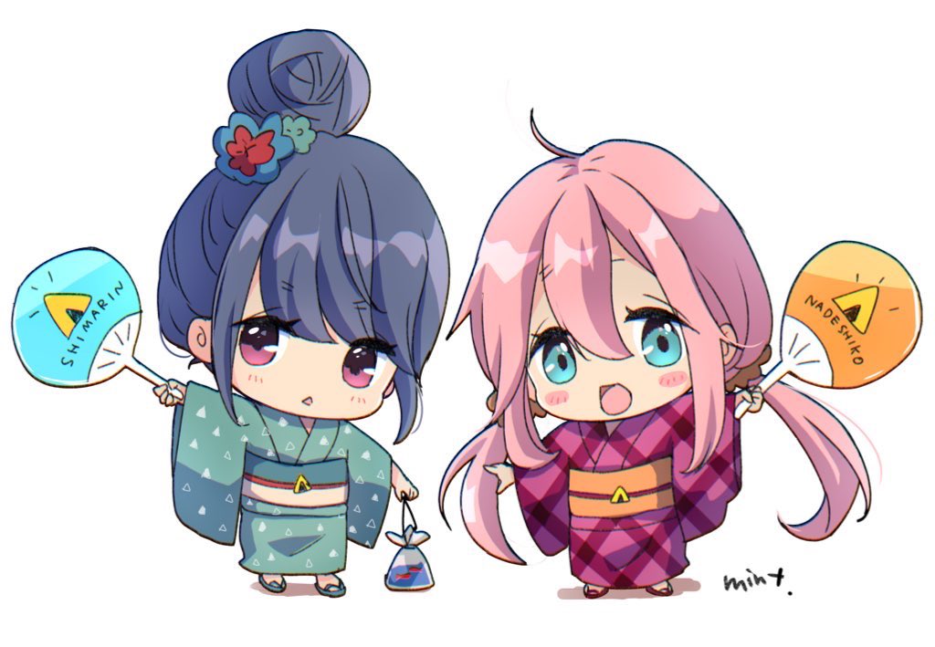 kagamihara nadeshiko ,shima rin multiple girls 2girls japanese clothes kimono hair bun pink hair single hair bun  illustration images