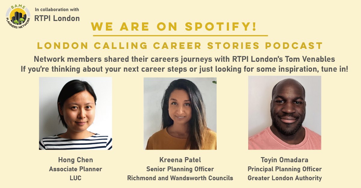 BamePlanners's tweet photo. Our members Toyin Omadara, Hong Chen and Kreena Patel shared their careers journeys with @RTPI_LONDON @TOM_VENABLES_ on the London Calling Career Stories podcast. If you’re thinking about your next career steps or just looking for some inspiration, tune in!https://t.co/T0bIURUiha https://t.co/dp6MEKHX88