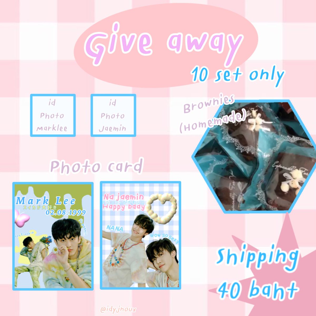 idyjnoux's tweet image. 🥣 pls rt ´ˎ˗

   ⌗ 𝗚𝗶𝘃𝗲 𝗮𝘄𝗮𝘆 ♡︎

𓏔 photo card marklee , jaemin 
𓏔 id photo marklee , jaemin
𓏔 Brownies homemade  1 ea

◌ 10 set only 🍫
📦 shipping 40 baht 🫀

📮 ลงฟอร์ม 07/08 เวลา 19:30

#HAPPYMARKDAY #HAPPYJAEMINDAY
#markmin