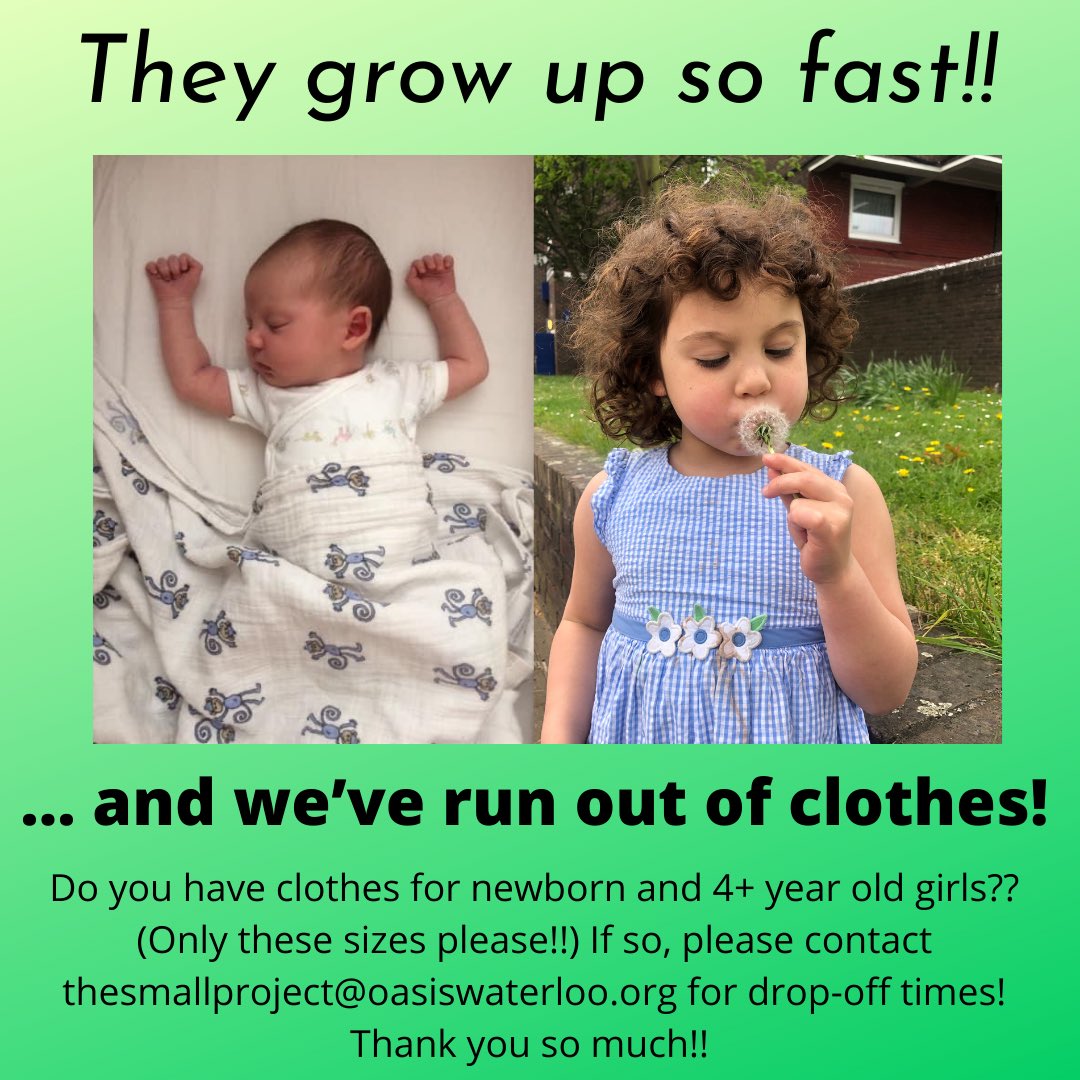 SmallProjectUK's tweet photo. Hi there! We are running very low on newborn clothes and girls clothes for year 4 and up. If you’ve got any lying around, can you contact Sam at thesmallproject@oasiswaterloo.org for drop-off times?? Thank you so much!!!! #makeasmalldifference @oasiswaterloo https://t.co/aWcrRfTsd9