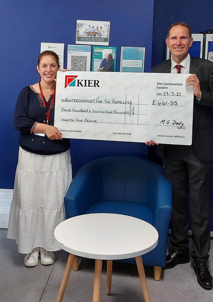 kierconstruct's tweet photo. Last week, #KierEastern Managing Director Mark Dady was delighted to present a cheque for over £450 to Melody Brooker from @wintercomfort20 in #Cambridge. This was made possible from the funds raised through our #MovingThroughMay initiative earlier this year 🏃♀️ #CharityPartner https://t.co/ozgSp3LHHl