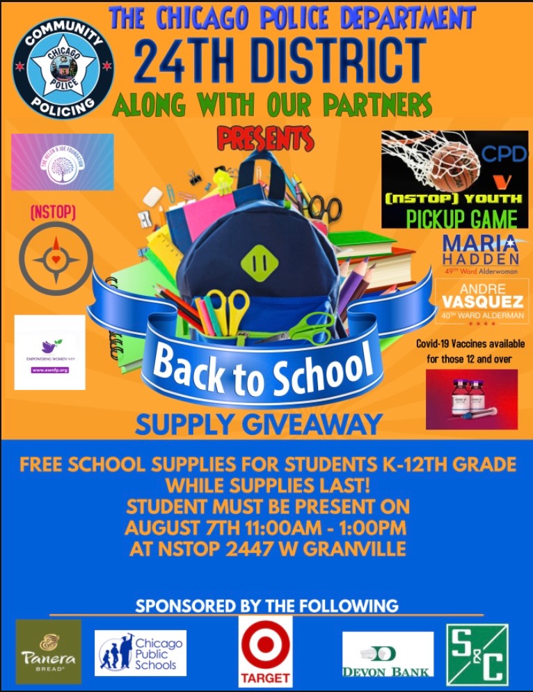 ChicagoCAPS24's tweet photo. Join us for our Back to School event Saturday, August 7 from 11am-1pm at NSTOP. Free school supplies for students K-12th Grade! https://t.co/nf6vNybs8M