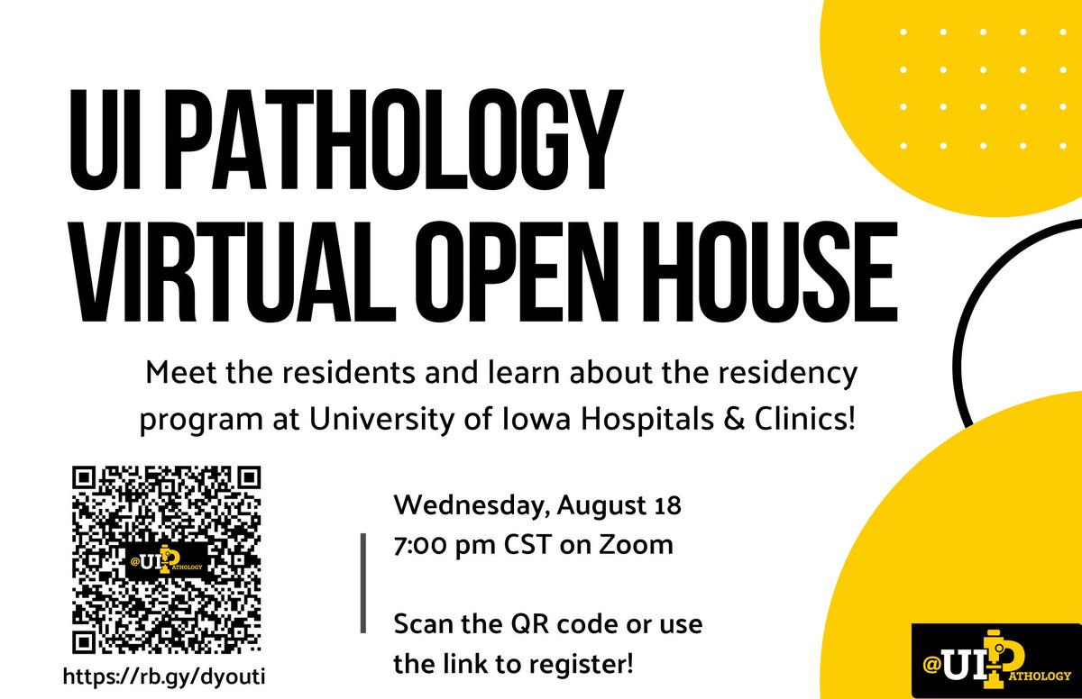 Come meet the residents at @UIPathology and learn about our program at our #VirtualOpenHouse!

Wednesday, August 18, 7:00 pm CST 

Register at the link below:
rb.gy/dyouti

#PathMatch22 #Path2Path #Match2022 #VirtualPathMatch #PathTwitter #MedStudentTwitter
