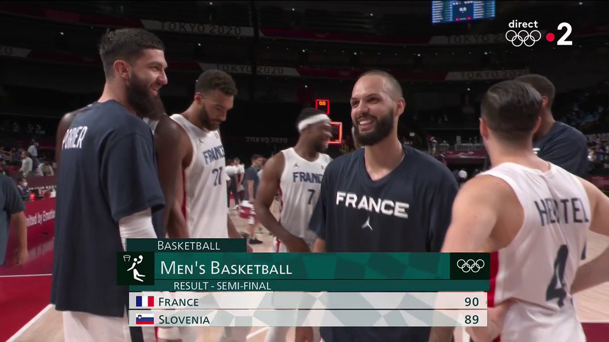 FranceTV's tweet photo. EXCEPTIONNEL ! Les Français seront en finale samedi face aux Américains ! 💯 🔥 🔥 #FRASLO #Basket https://t.co/2xBm5Qt1LW
