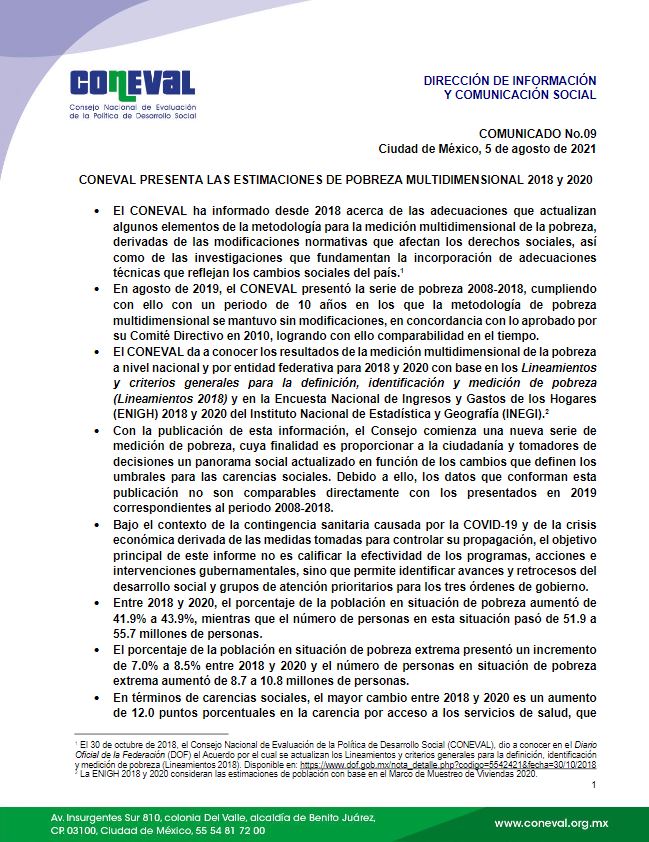 coneval's tweet photo. #CONEVAL presenta las estimaciones de pobreza multidimensional 2018 y 2020. 

📑 https://t.co/fTfKotOfLW 
📊 https://t.co/uDmSNIf6bL 

#ComunicadoCONEVAL
#MediciónDePobreza2020 https://t.co/eQ485Wx3Z4