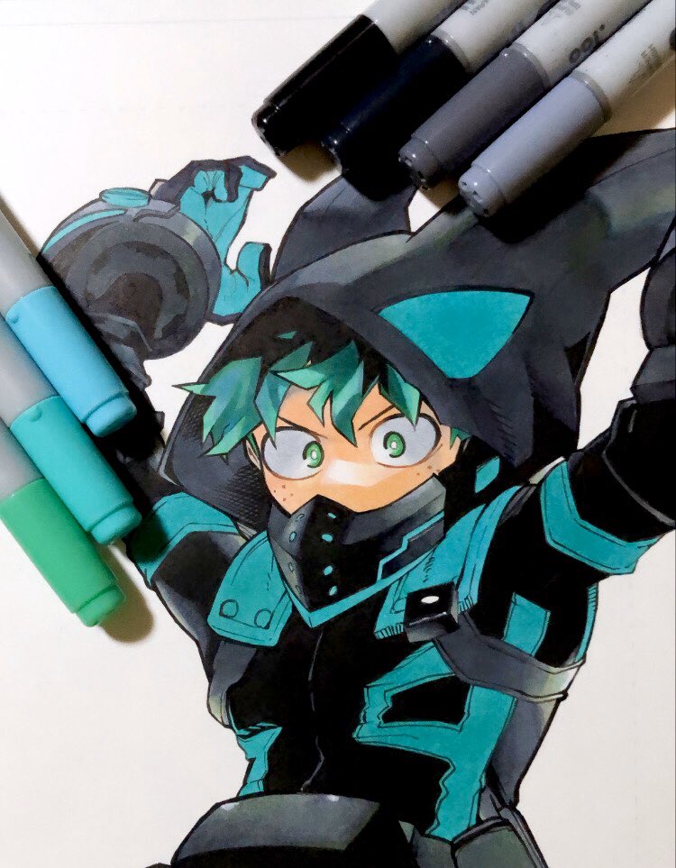 midoriya izuku 1boy male focus green eyes green hair solo hood gloves  illustration images