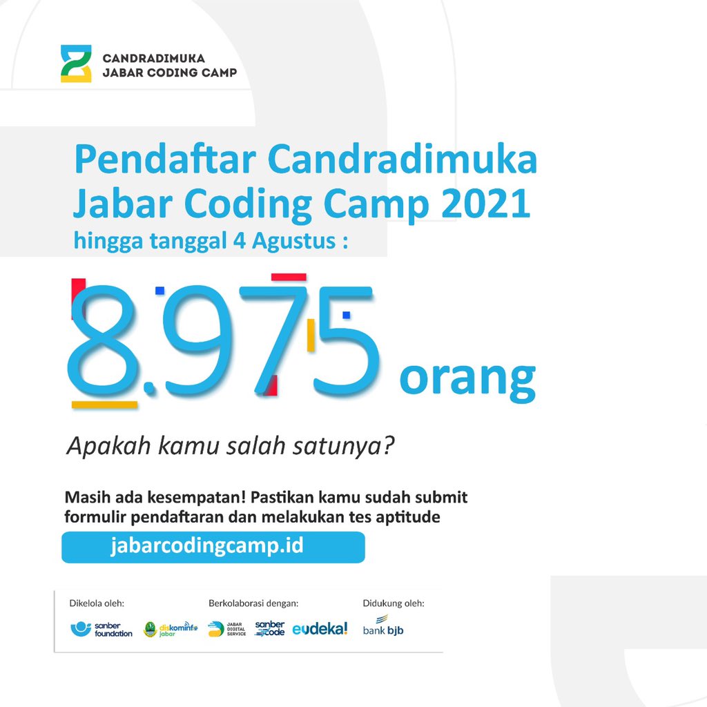 ridwankamil's tweet photo. Pemuda-pemudi Jawa Barat, per tanggal 4 Agustus kemarin sudah ada 8.000-an pendaftar program Candradimuka #JabarCodingCamp.

Masih ada waktu 1 minggu lagi untuk mendaftarkan dirimu di program ini, terutama bagi masyarakat dari keluarga pra-sejahtera dan/atau yatim/piatu. https://t.co/ZiOLDpoXES