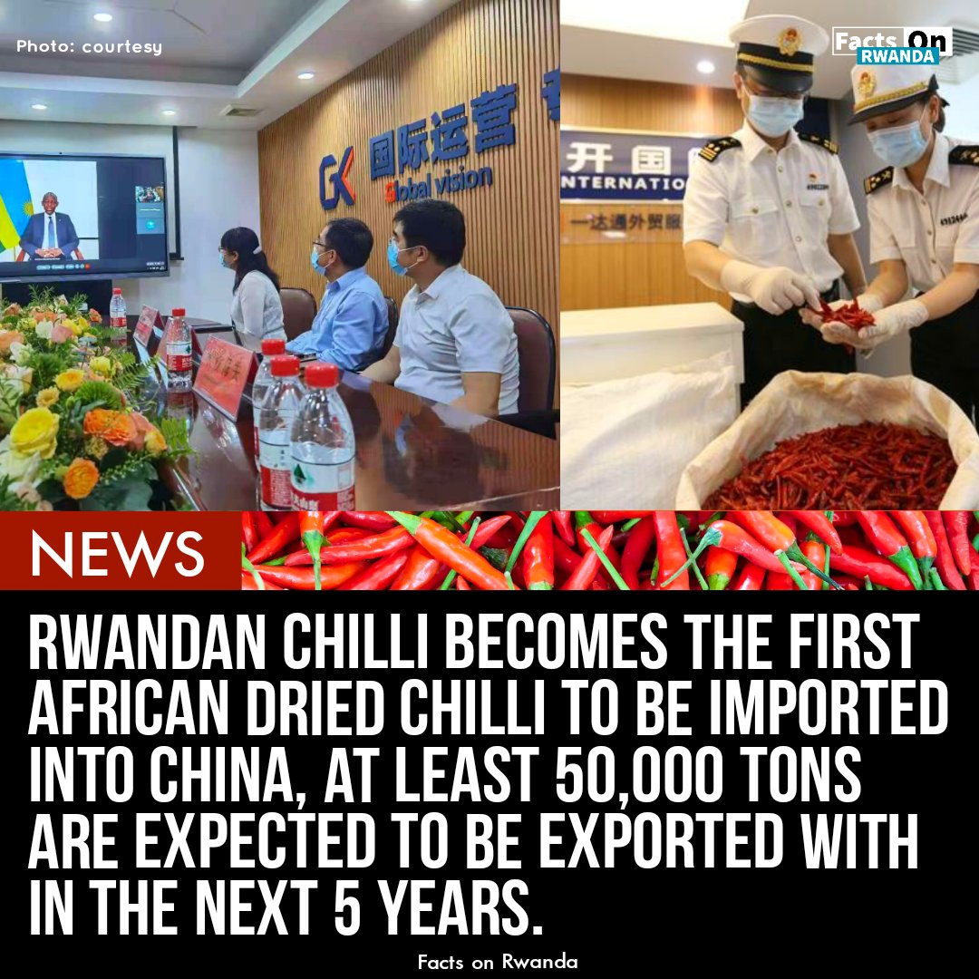 Earlier this week Rwanda's <a href="/GashoraFarm/">Gashora Farm</a> exported first Rwandan dried Chilli to China.

Rwanda's horticulture export industry is one of the fastest growing.

More Rwandan products are expected to reach Chinese market in near future.

#RwandaChinaRelations🇷🇼🇨🇳
#FactsOnRwanda |#RwOT