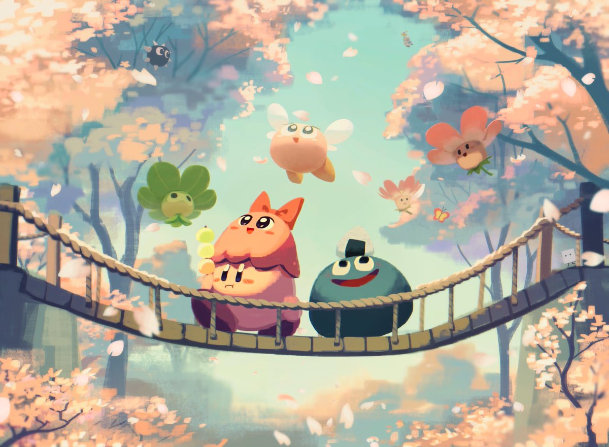 kirby cherry blossoms onigiri food tree outdoors dango open mouth  illustration images