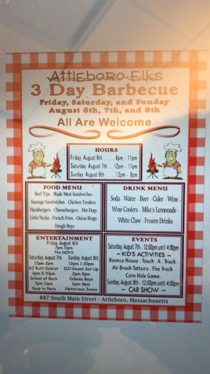 Attleboro Elks Annual 3 Day BBQ Schedule of Events Aug. 6 - 8.