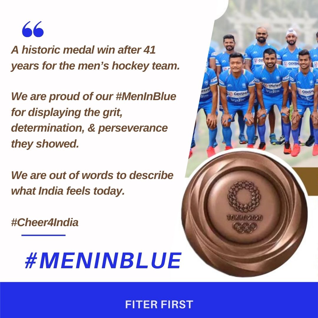 FiterFirst's tweet photo. The India men's national field hockey team represents India in international Field hockey competitions. Defeating a Germany 5-4 to win the bronze
.
.
#Fiterfirst #meninblue #hockeygame #olympics #tokyo #sports #sport #athlete #figureskating #olympicgames #trackandfield https://t.co/VzNo09nVvu