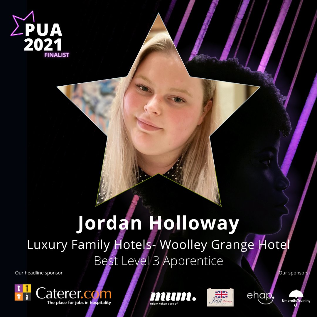 UmbrellaTES's tweet photo. Congratulations to #PurpleUmbrellaAwards2021 finalist, JordanHolloway who has been nominated for Best Level 3 Apprentice due to her non-stop commitment at @WoolleyGHotel - @LFHotels 

#PUA2021☂️

@sharewithmum @Catererdotcom @HospAction @beinclusivehosp @EliteHAP https://t.co/fTIAp75YnM