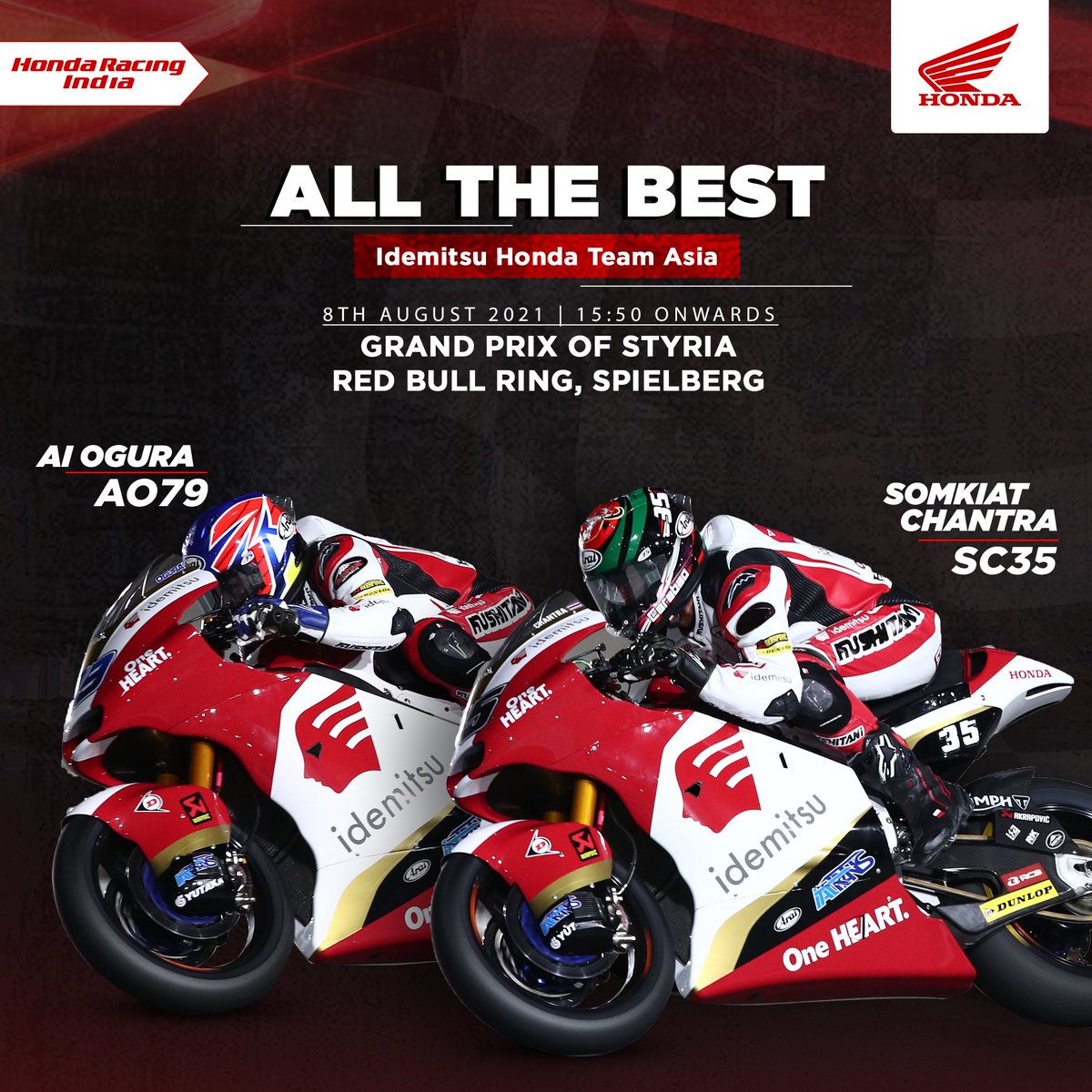 HondaRacingIND's tweet photo. Sending good luck vibes to Al Ogura and Somkiat Chantra for #StyriaGP. Stay tuned for more updates!
@honda2wheelerin @BigWingIndia @honda_team_asia
#MotoGP2021 #StyriaGP #HondaRacing #RacingUpdates #MotoGPUpdates #HondaGlobal #Racing #Motorsport #ThePowerOfDreams https://t.co/SLo8fHAn2q