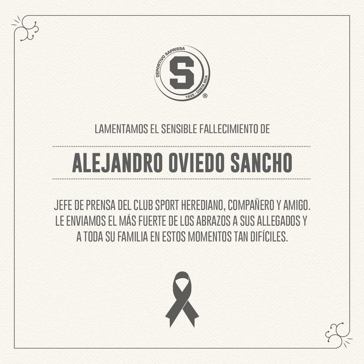 SaprissaOficial's tweet photo. 🖤 El Deportivo Saprissa envía sus condolencias a toda su familia y allegados, así como al @csherediano1921. Nuestro abrazo solidario. https://t.co/uaIC5rpYuY