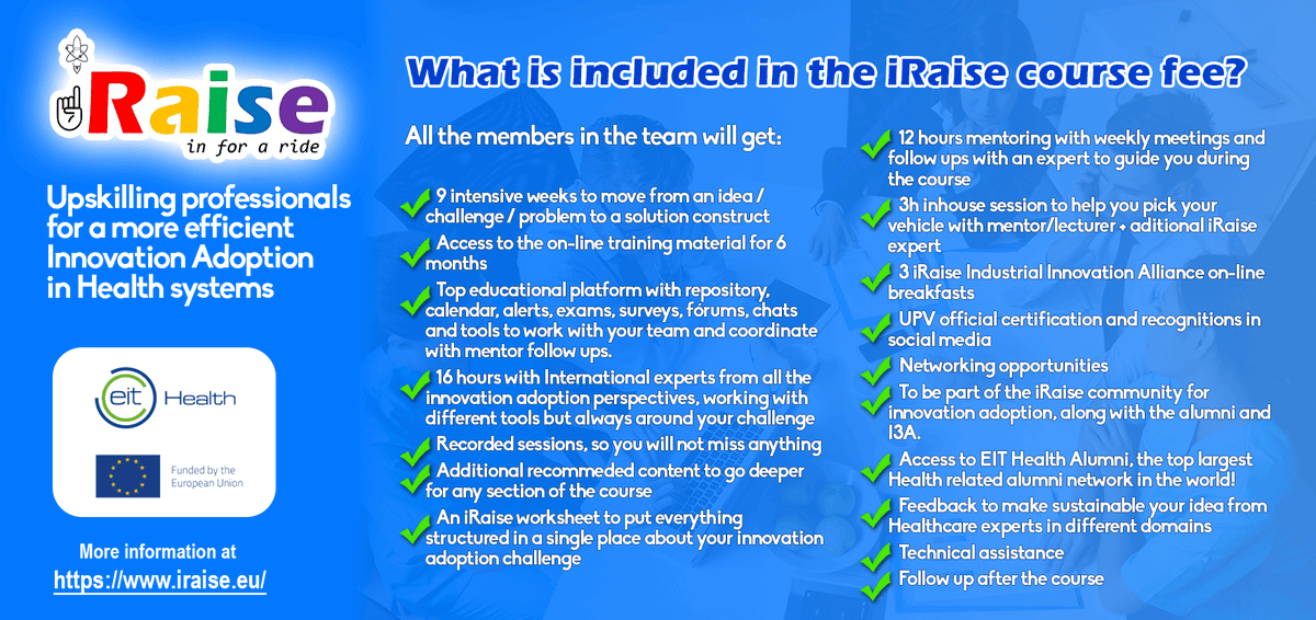 EHMAinfo's tweet photo. 🔔 There are still few places available for @iRaiseEu
🩺 A training program to promote innovation adoption in health organisations
📆 20 Sept - 26 Nov 2021
🌈 How? Take a ride in the iRaise innovation adoption rainbow: https://t.co/NPfkWAScq3
APPLY NOW➡️ https://t.co/RYEjTXf4Mq https://t.co/xazV8oaGda