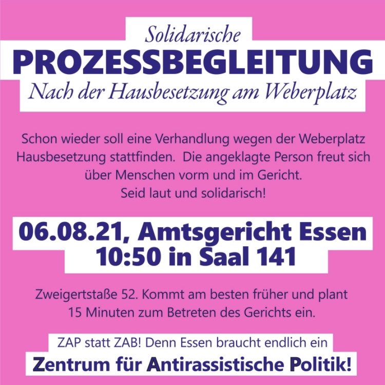 Morgen ist der nächste Prozess am Amtsgericht Essen. Kommt vorbei und seid solidarisch! #zapessen #besetzen